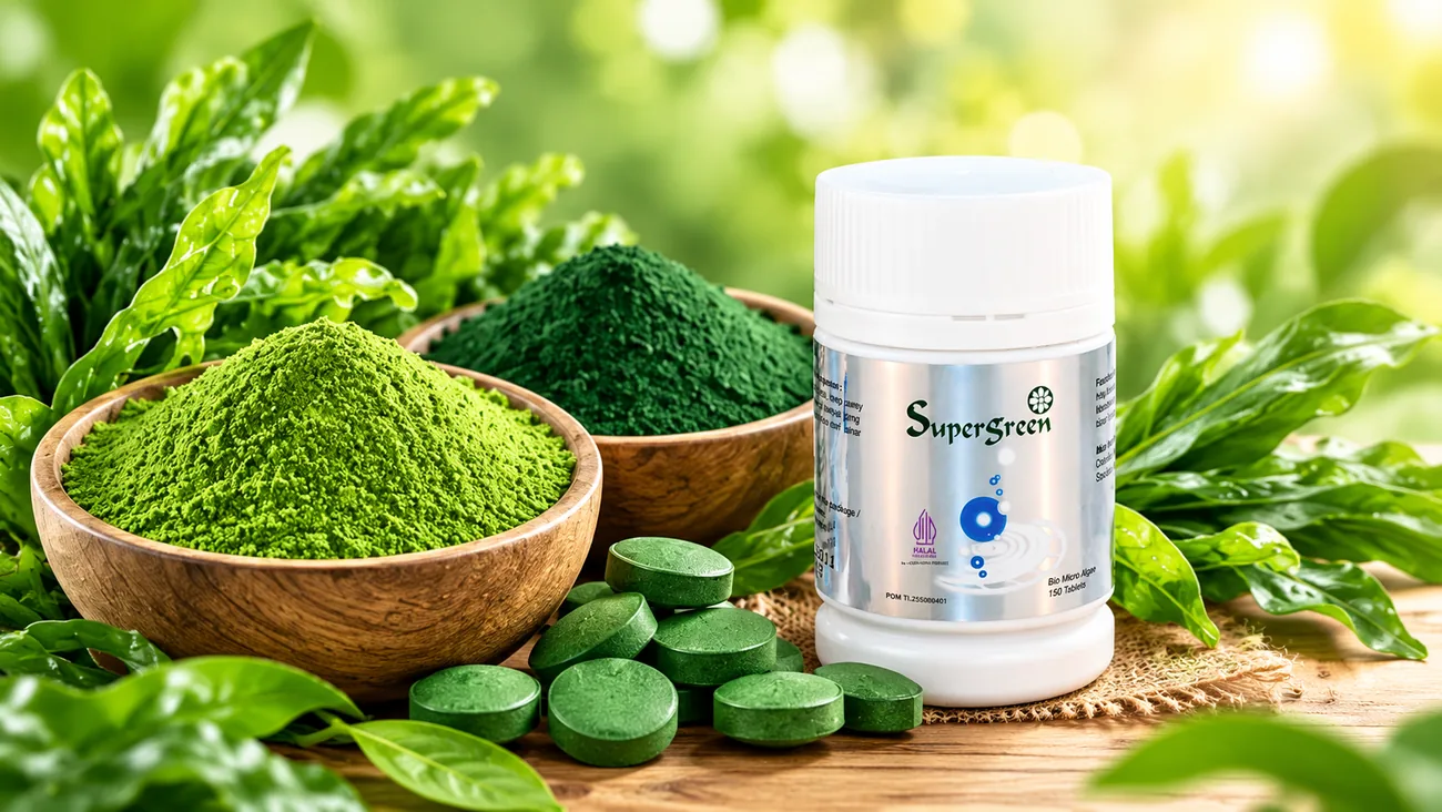 Botol Supergreen dengan serbuk Chlorella, Spirulina, dan tablet