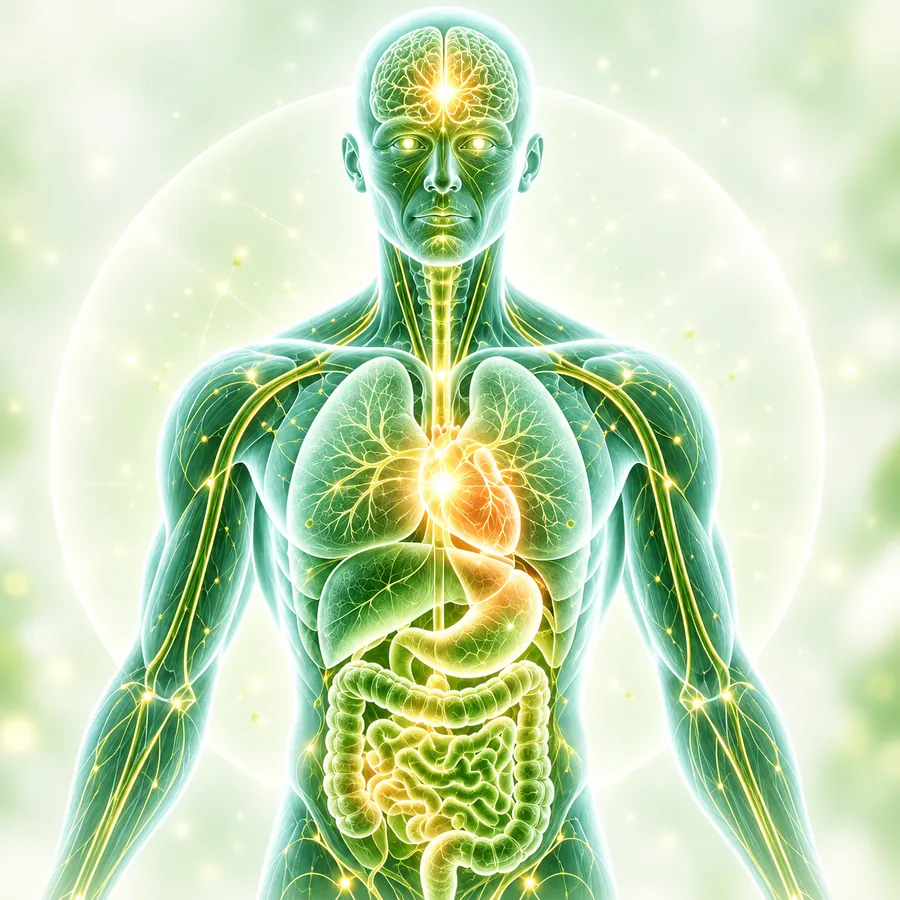 Ilustrasi tubuh manusia berwarna hijau dengan organ dalam yang bercahaya
